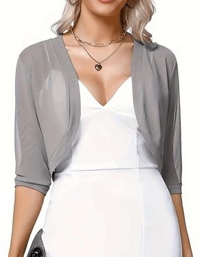 Zaewry Bolero aus Chiffon,Kurz Strickjacke Offene 3/4 Ärmel -Schaljacke / Cardigan — Leicht - Grau