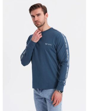 Ombre Longsleeve aus Baumwolle mit U-Ausschnitt, Streifen und Brustprint - Blau