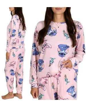 Disney Pyjama Stitch Und Angel Damen-Pyjama, Rosa Velours, Zweiteilig - Schwarz