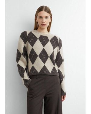 Comma, Longpullover Strickpullover Verkürzter Argyle-Pullover Mit Schulter-Detail - Grau