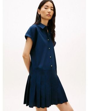 Tommy Hilfiger Shirtkleid Poplin Pleated Short Ss Dress Mit Logo-Stickerei - Blau