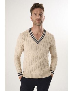 Felix Hardy V-Ausschnitt-Pullover Basic-Pullover Mit V-Ausschnitt Und Zopfmuster - Natur