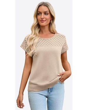 Imily Bela T-Shirt Damen Freizeit Kurzarm Strickshirt (Packung, 1-Tlg. 1Per-Pack) Mit Häkeldetail - Blau