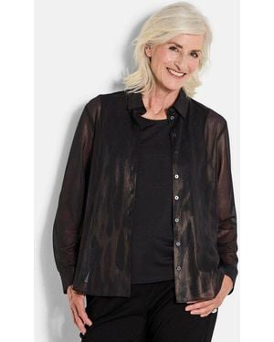 Goldner Hemdbluse Edle Metallic-Bluse Mit Hemdkragen Semitransparente Printbluse Mit Leomuster, Knopfleiste Und Langarm - Schwarz