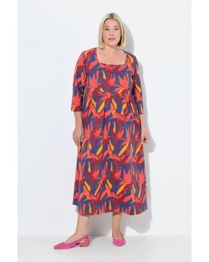 Ulla Popken Maxikleid Jerseykleid A-Linie Carré-Ausschnitt 3/4-Arm - Rot