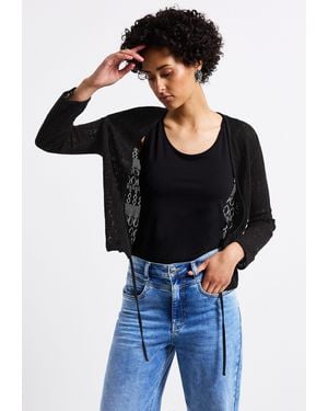 Street One Ajourstrickjacke offen und mit Tunnelzug am Saum - Schwarz