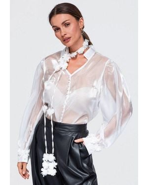 Ombre Hemdbluse Damen Bluse Mit V-Ausschnitt Elegant L (Kein Set, 1-Tlg) - Weiß