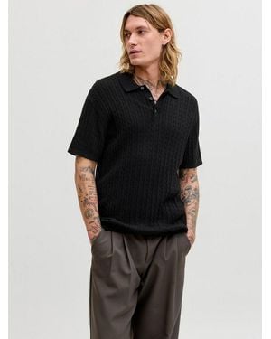 Jack & Jones Polokragenpullover Jjeemil Knit Cable Polo Ss Ln Mit Polokragen - Schwarz