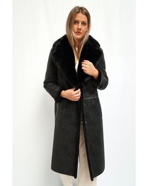 FUNK SINCE 1776 Lederimitatmantel stylisch lang mit Fellimitatkragen - Schwarz