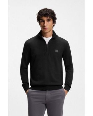 BOSS Rollkragenpullover Kanobix Half Zip Cotton Cashmere Regular Fit, Stehkragen Mit Reißverschluss, Ton-In-Ton Logo - Schwarz