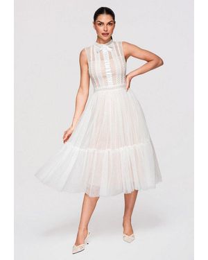 Ombre Abendkleid Damen Midi Kleid Ausgestellt Elegant S (Kein Set, 1-Tlg) Dekorative Schleife Am Ausschnitt, Koronkowy Panel - Weiß