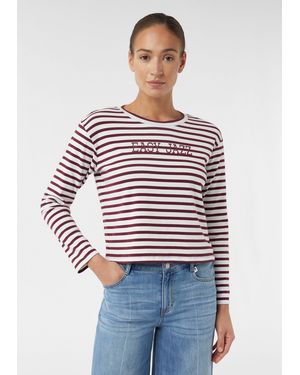 Comma, Sweatshirt Verkürztes Streifenshirt mit Frontprint - Rot