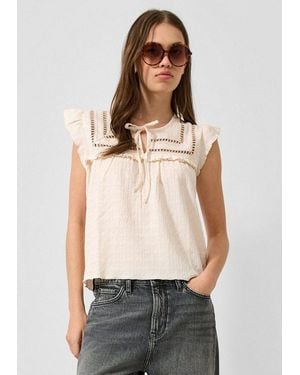 QS Kurzarmshirt T-Shirt Strukturierts Blusenshirt Mit Spitzeneinsätzen - Natur