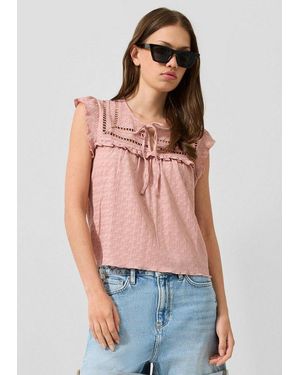 QS Kurzarmshirt T-Shirt Strukturierts Blusenshirt Mit Spitzeneinsätzen - Rot