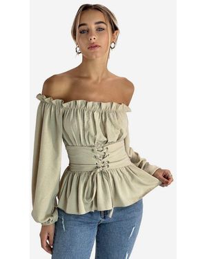 Elara Blusentop Damen Carmenbluse Mit Schnürung, Smokbund Und Ballonärmeln - Natur