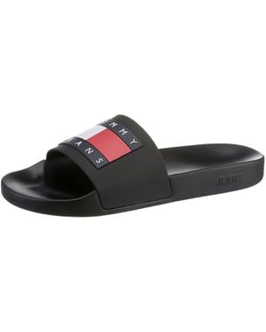 Tommy Hilfiger Pool Slide Ess Badepantolette, Sommerschuh, Poolslides, Schlappen, Mit Plakativer Logoflag - Schwarz
