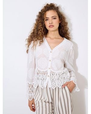 Apricot Blusentop Besticktes Top, mit Spitzenbesatz - Weiß