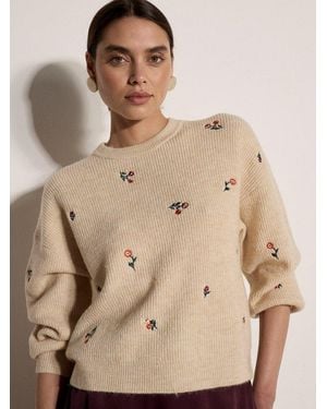 Apricot Strickpullover Weicher Pullover Mit Blumenstickerei - Natur