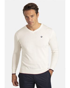 Sir Raymond Tailor Strickpullover Appel mit farblich abgesetzten Ellenbogen-Patches - Weiß