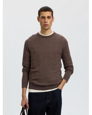 SELECTED Rundhalspullover Slhtray Ls Knit Merino Crew Neck Noos Wolle, Regular Fit - Braun
