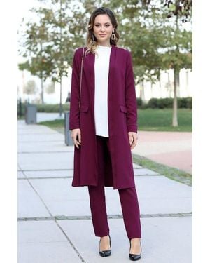 Modavitrini Hosenanzug Zweiteiler Damen Anzug Langarm Longblazer Mit Hose Modest Fashion (Anzug Set) Offene Front Ohne Verschluss - Grün