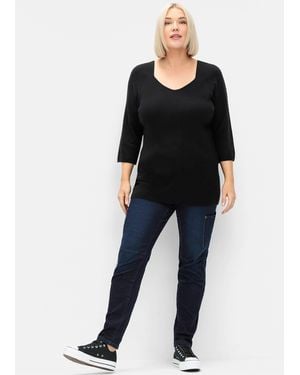 Sheego Strickpullover Pullover 3/4-Arm Feinstrick mit V-Ausschnitt, in Rippstruktur - Schwarz