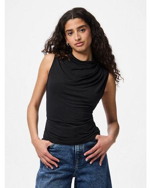 Pieces Stehkragenshirt Pcmadison Sl Draped Top Noos Bc Materialmix, Slim Fit - Schwarz