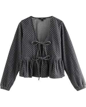 Next Blusenshirt Gesmokte Bluse zum Binden aus 100 % Baumwolle (1-tlg) - Schwarz