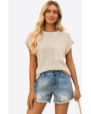 Imily Bela Kurzarmpullover Damen Trendige Strickshirt Mit Brusttasche (Packung, 1-Tlg. 1Per-Pack) Einfarbig - Blau