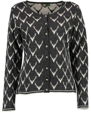 OS-Trachten Strickjacke Wilumi Tailliert, lang geschnitten, Rundhals, Allover-Stick, Metallknöpfe - Schwarz