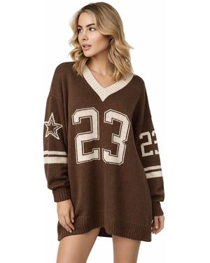 Worldclassca Longpullover Oversized Strickpulllover College 23 Pulli V-Ausschnitt Neue Kollektion - Braun