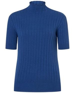 MORE&MORE Strickpullover Figurbetonter Halbarm-Ripp-Pullover - Blau