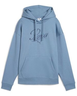 PUMA Kapuzensweatshirt Ess Script Comfort Hoodie Fl Mit Kängurutasche, Mit Print-Applikation, Mit Rundhalsausschnitt - Blau