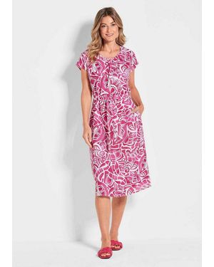 Goldner Sommerkleid Leinenkleid Ethno, Halbarm Printkleid Aus Leinen, Gemustert, Figurbetont, Halbarm, Tailliert - Pink