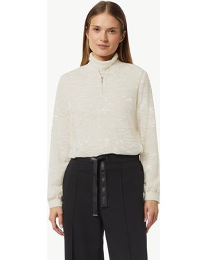 comma casual identity Langarmbluse Transparente Jacquard-Bluse mit Zip-Ausschnitt - Weiß