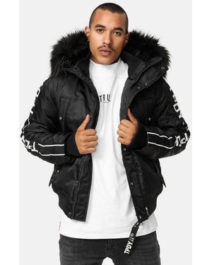 trueprodigy Bomberjacke Jonathan Teddy Stoff Kapuze Abnehmbares Fellimitat - Schwarz