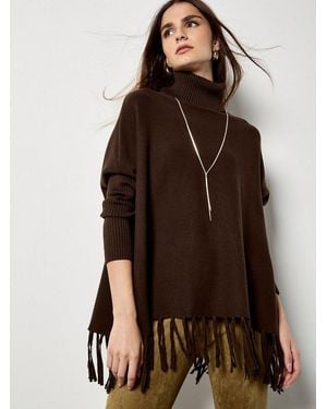 Apricot Rollkragenpullover Pullover-Poncho Mit Fransen - Braun