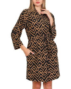 Bongual Morgenmantel Kimono, Gürtel, leichter Bademantel, graphisches Muster - Schwarz