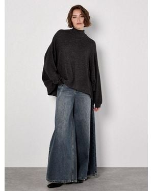 Apricot Fledermauspullover Oversized Pullover Mit Stehkragen - Schwarz
