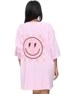 Worldclassca Oversized Print SMILE HAPPY T-Shirt Sommer Oberteil - Pink