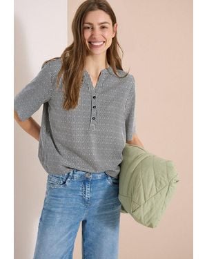 Cecil Kurzarmbluse Sommerbluse Mit Split Neck Und Streifen - Blau