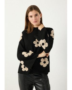 MORE&MORE Rundhalspullover Süßer, Kastiger 3/4 Arm-Blumen-Pullover - Schwarz