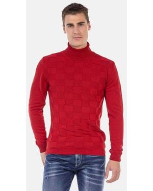 Cipo & Baxx Rollkragenpullover Pullover (1-Tlg) Mit Kariertem Strickmuster, Cp241 - Rot