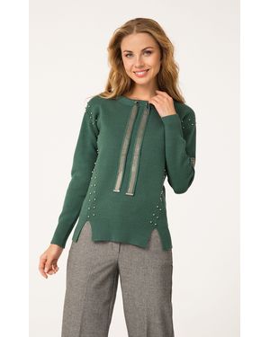 Passioni Strickpullover in grün mit Perlen