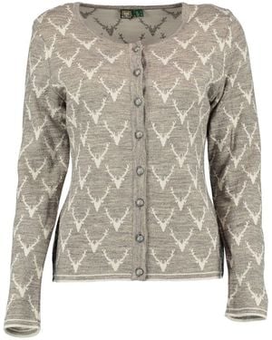 OS-Trachten Strickjacke Wilumi Tailliert, lang geschnitten, Rundhals, Allover-Stick, Metallknöpfe - Grau