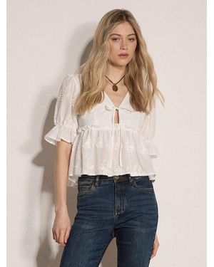 Apricot Blusentop Kurz Geschnittene Baumwollbluse Mit Blumenstickerei - Natur