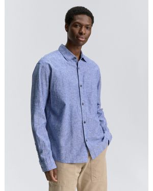 Tom Tailor Langarmhemd Relaxed Fit Hemd mit Leinenanteil - Blau