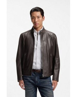 BOSS Lederjacke H Mansell Stehkragen, Genarbtes Leder, Regular Fit - Grau