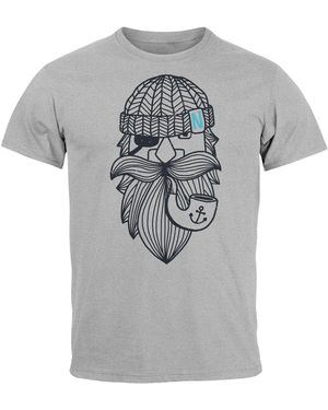 Neverless T-Shirt Printshirt Seemann Bart Seefahrer Nordisch Maritim mit Print - Grau