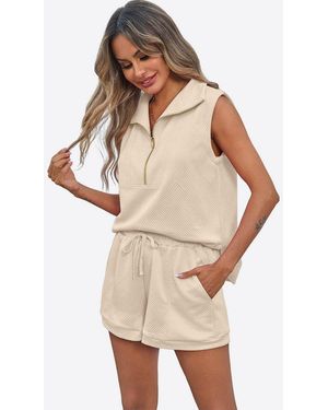 Imily Bela Hausanzug Damen Ärmelloses Top Mit Reißverschluss Shorts Mit Kordelzug Outfit (Set, 2 Tlg. 2Er-Pack, Top+Shorts) - Natur